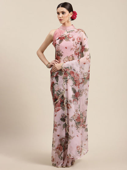 Women's Pink Chiffon Digital Print Floral Saree