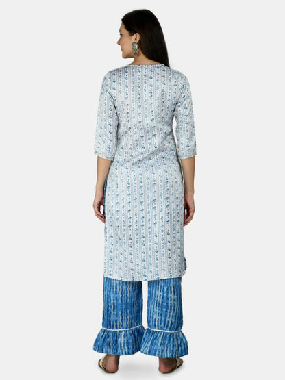 Women's Blue Silk Printed 3/4 Sleeve Round Neck Casual Kurta Palazzo Dupatta Set