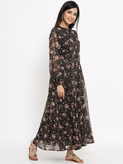 Women's Black Alphin Chiffon Flared Printed Dress With Tie-up Blet