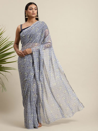 Women's Navy Blue Chiffon Digital Print Chevron Saree