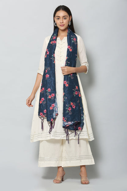 Women's Navy Blue Color Art Muslin Embroidery and Digital Printed Dupatta