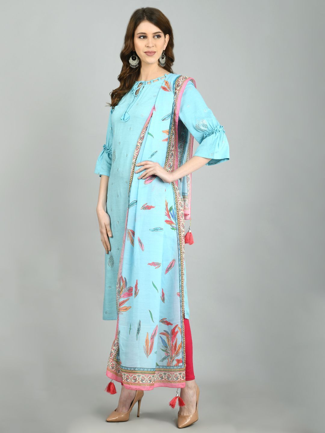 Women's Sky Blue Cotton Printed 3/4 Sleeve Round Neck Casual Kurta Dupatta  Set