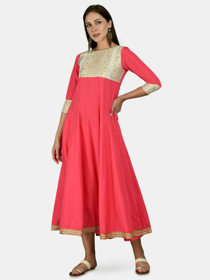 Women's Pink Rayon Printed 3/4 Sleeve Round Neck Casual Anarkali Dupatta Set