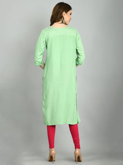 Women's Green Cotton Printed 3/4 Sleeve Mandarin Neck Casual Kurta Dupatta Set