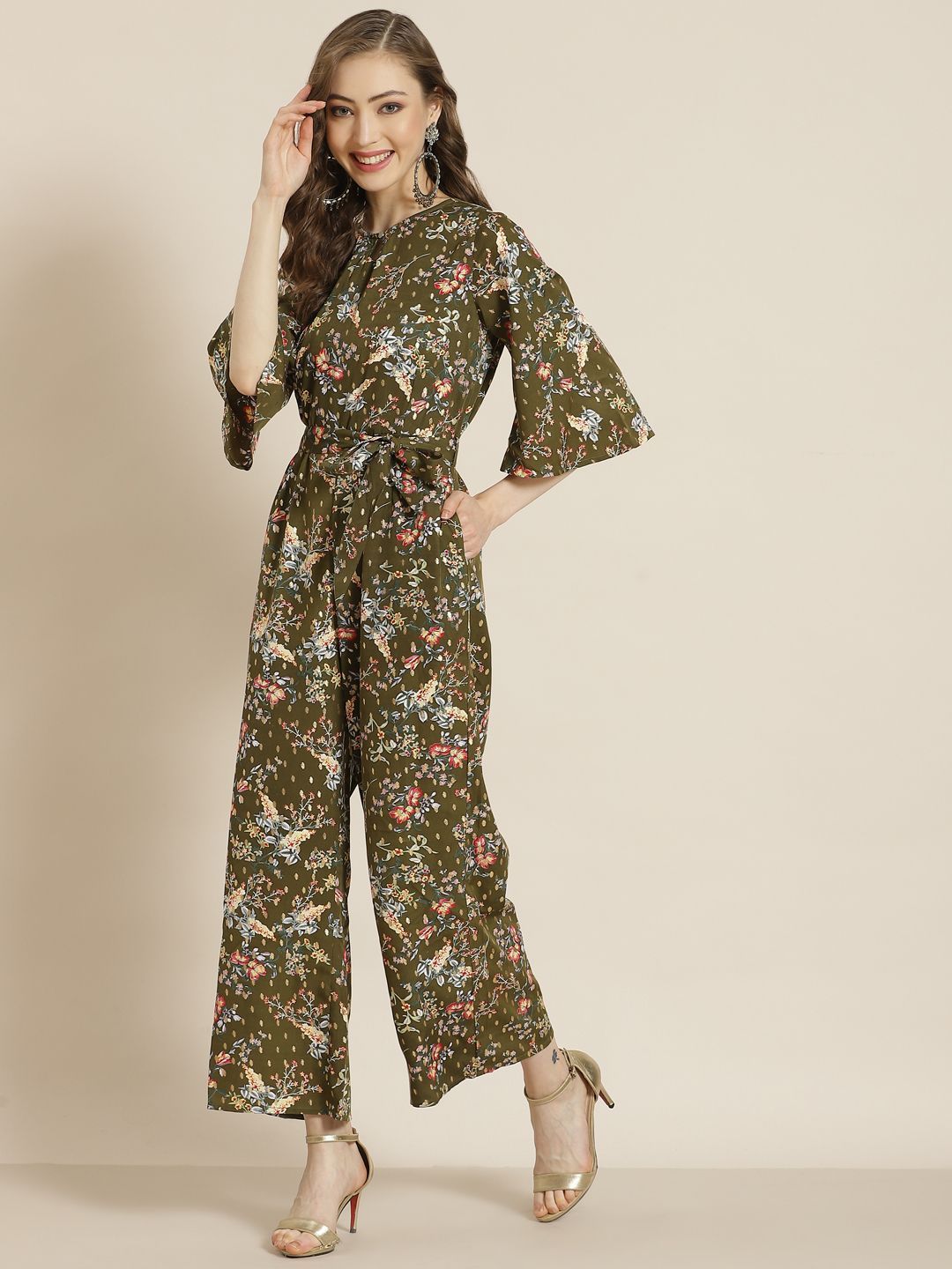 Women's Olive Micro Poly Printed Jumpsuit with Tie-up