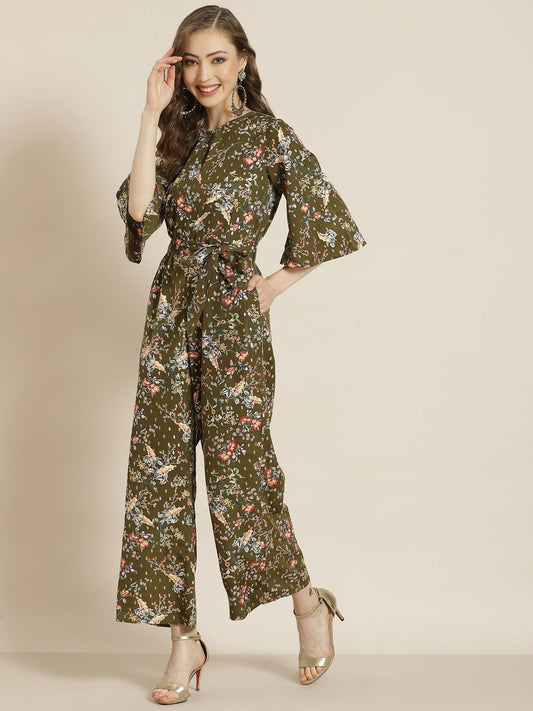 Women's Olive Micro Poly Printed Jumpsuit with Tie-up