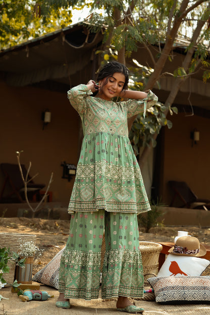 Women's Pistagreen Cambric Mexican Print Flared Tunic Sharara Set