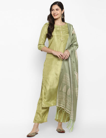 Women's Green Color Silk Blend Straight Kurta Palazzo With Dupatta