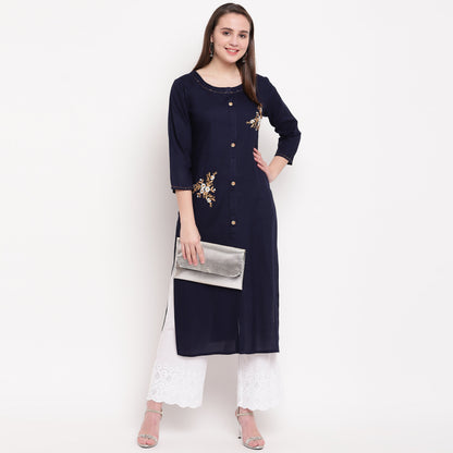 Women's Embroidered/Solid Straight Rayon Blue Kurta (1Pc)