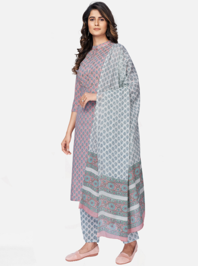 Women's Light Pink Cotton Kurta With Pant & Dupatta By Vbuyz (3