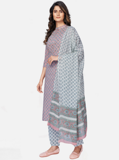 Women's Light Pink Cotton Kurta With Pant & Dupatta By Vbuyz (3