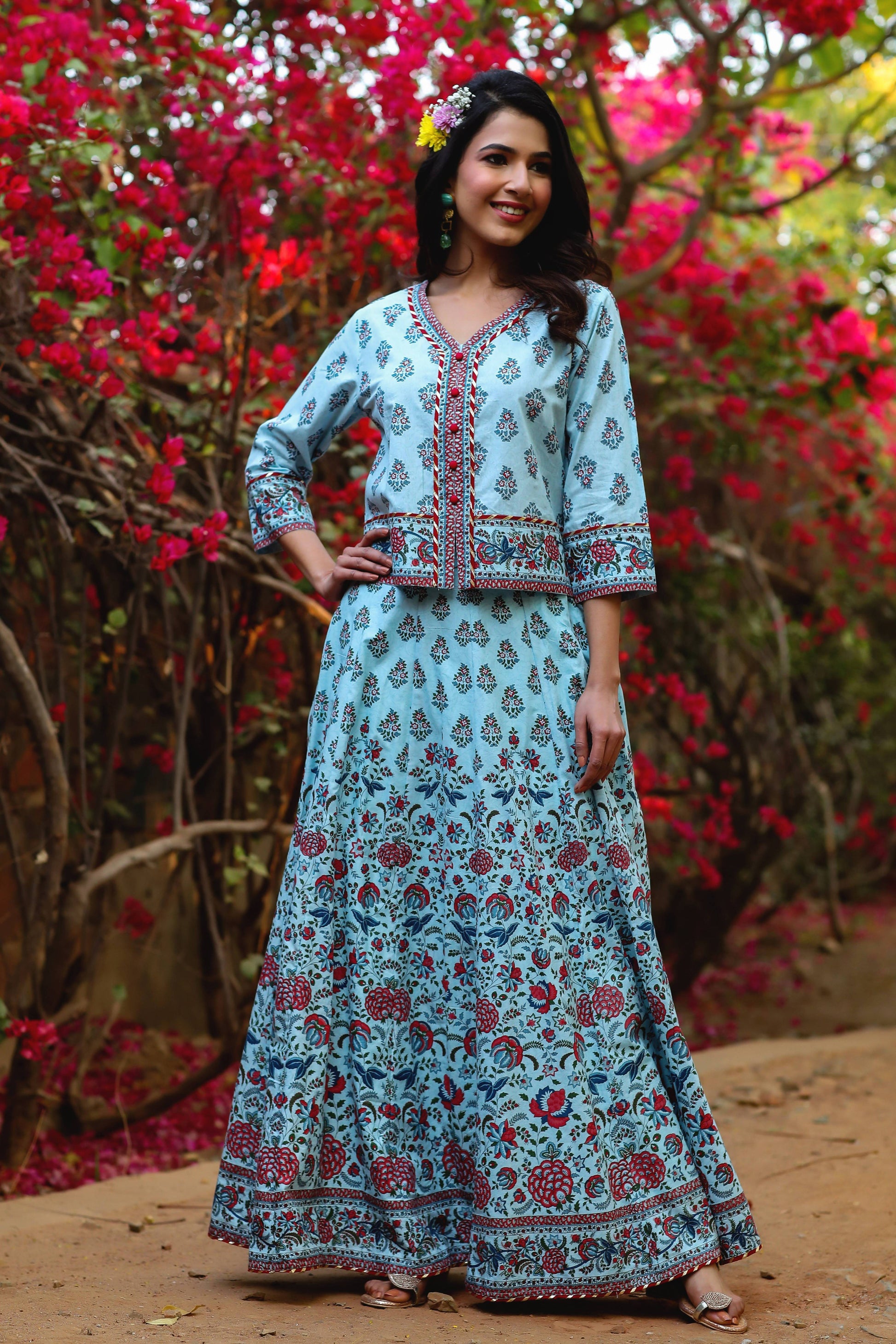 Buy_Women's_Blue_Cambric_Floral_Print_Top_Skirt_Set_With_Rubber-Band_Online_Trendia