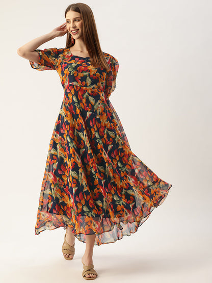 Women's Blue Color Gerogette Printed A-Line Flared Dress