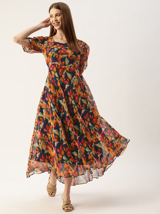 Women's Blue Color Gerogette Printed A-Line Flared Dress
