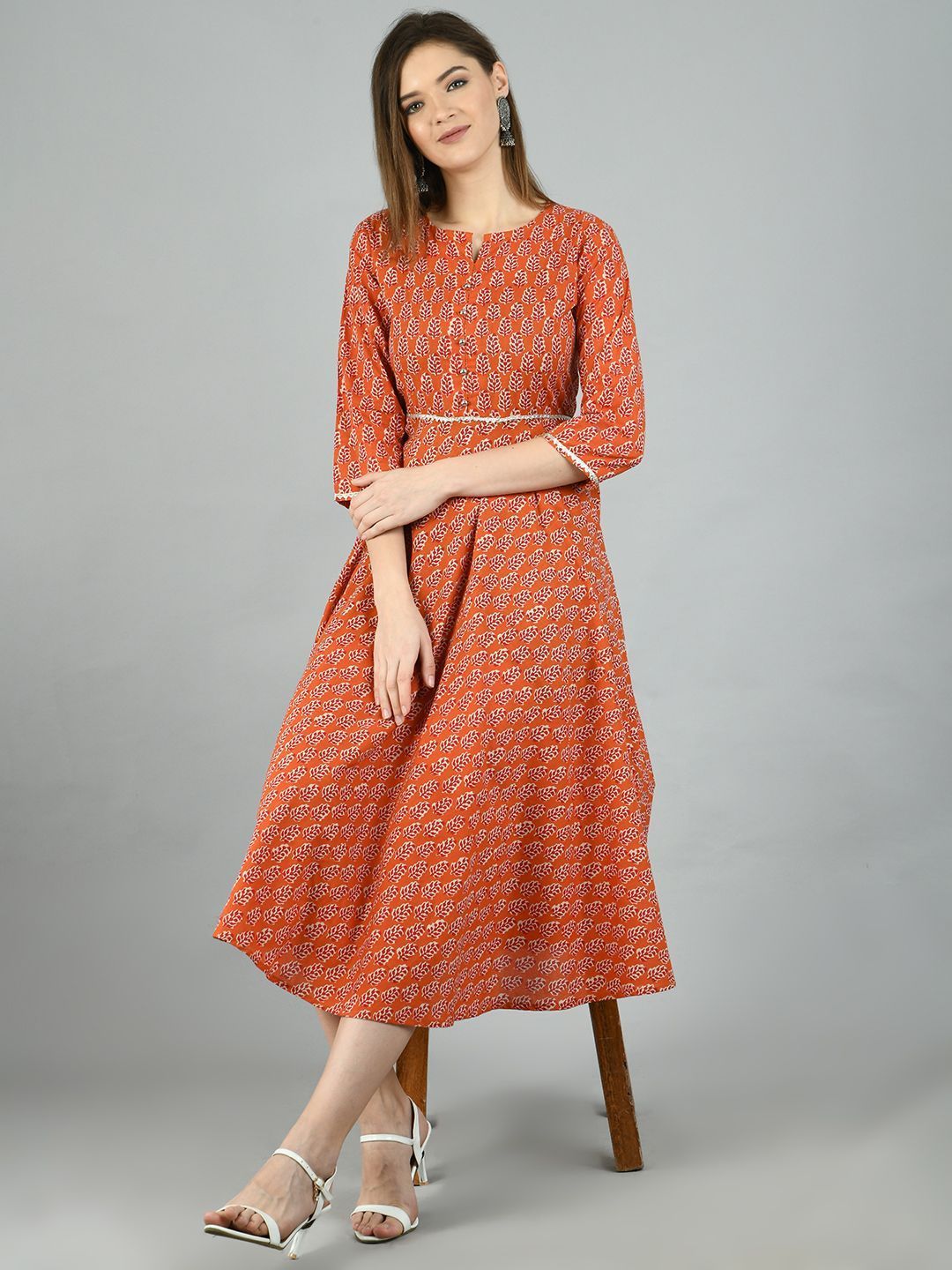 Women's Brown Cotton Printed 3/4 Sleeve Round Neck Casual Dress