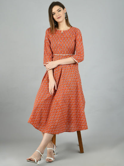 Women's Brown Cotton Printed 3/4 Sleeve Round Neck Casual Dress