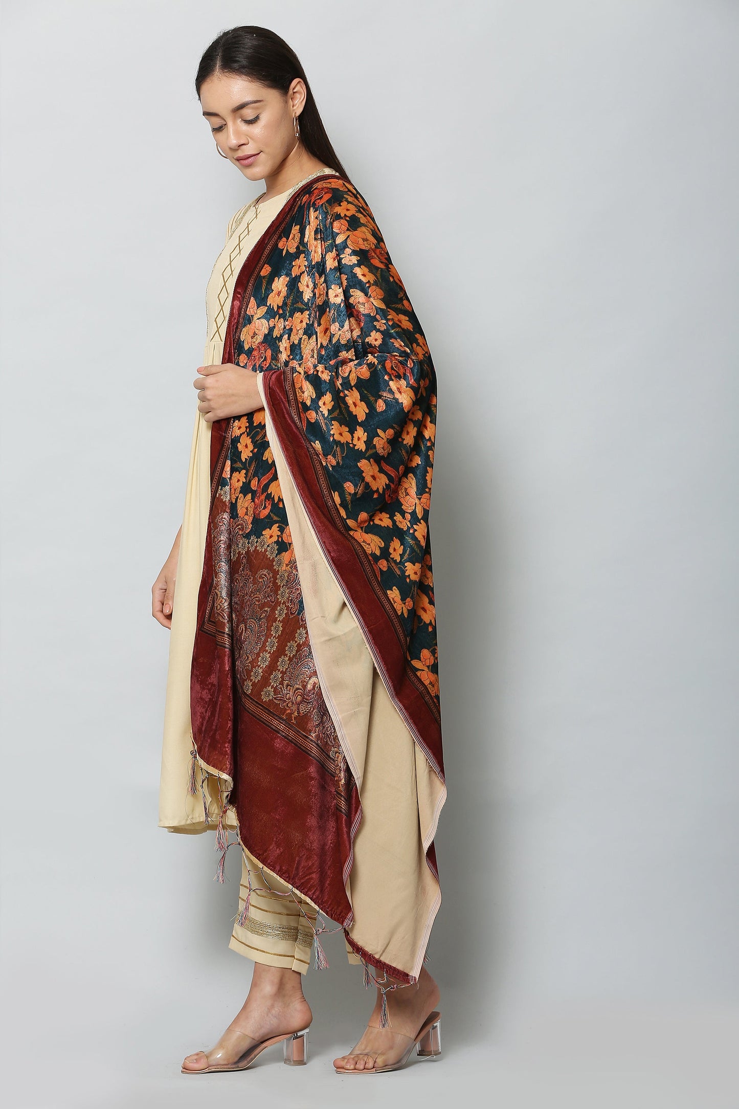Women's Maroon Color Polyster Velvet  Digital Printed Dupatta
