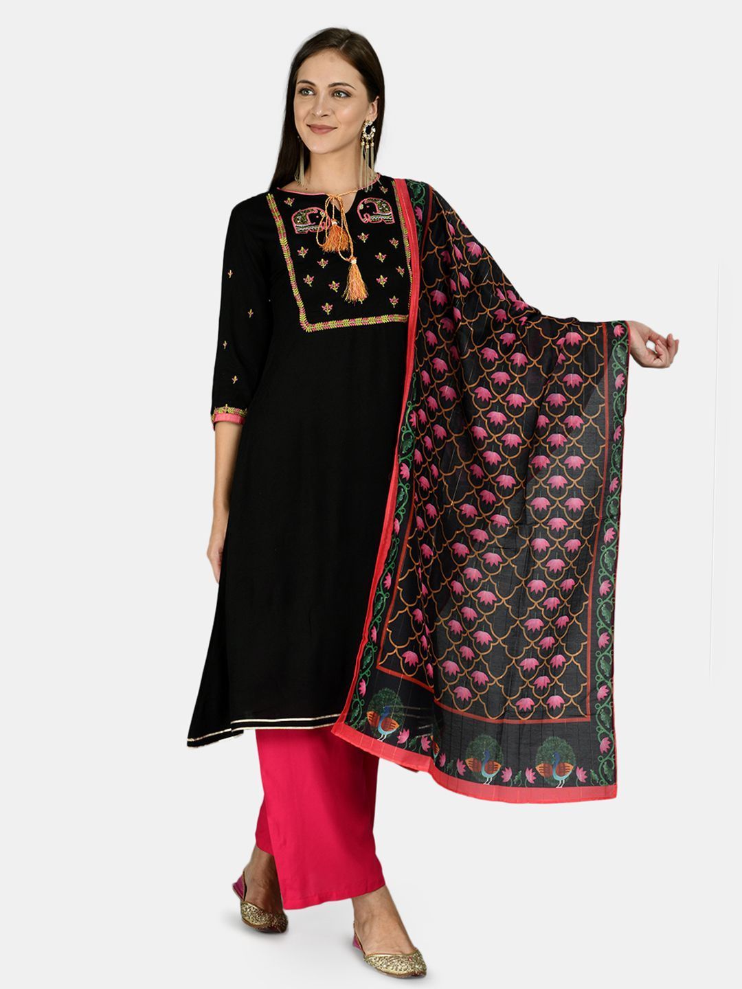 Women's Black Rayon Printed 3/4 Sleeve Round Neck Casual Kurta Palazzo Dupatta Set