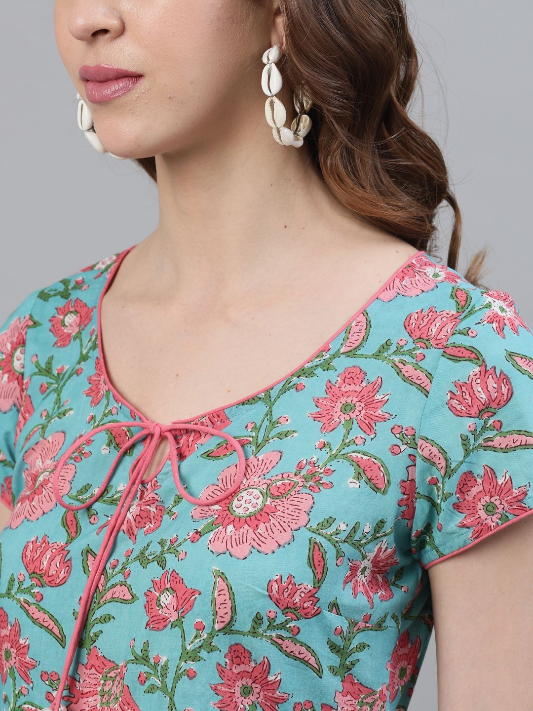 Women's Blue & Pink Floral Printed Anarkali