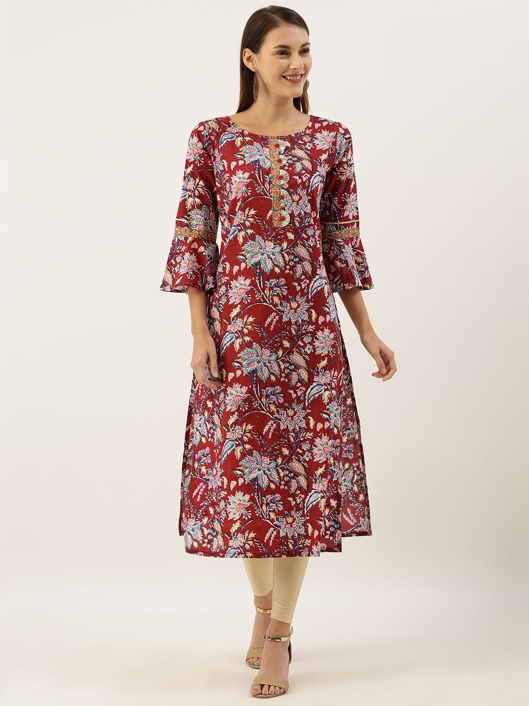 Women's Maroon & Blue Floral Printed Straight Kurta With Gotta Patti Detail
