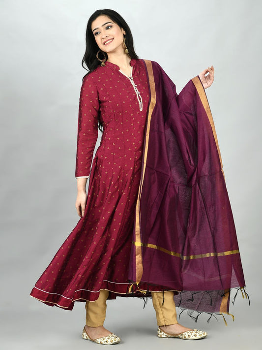 Women's Wine Georgette Printed 3/4 Sleeve Mandarin Neck Casual Anarkali Kurta Dupatta Set