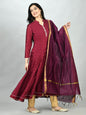 Women's Wine Georgette Printed 3/4 Sleeve Mandarin Neck Casual Anarkali Kurta Dupatta Set