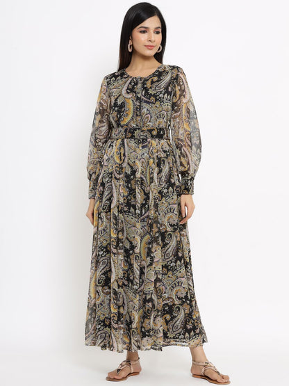Women's Black Alphin Chiffon Flared Printed Dress With Tie-up Blet1