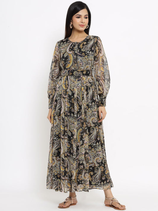 Women's Black Alphin Chiffon Flared Printed Dress With Tie-up Blet1