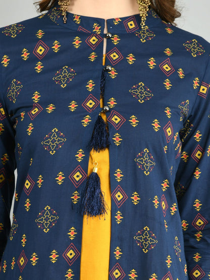 Women Navy Blue Cotton Printed Shrug, Top and Pant Set by Myshka (