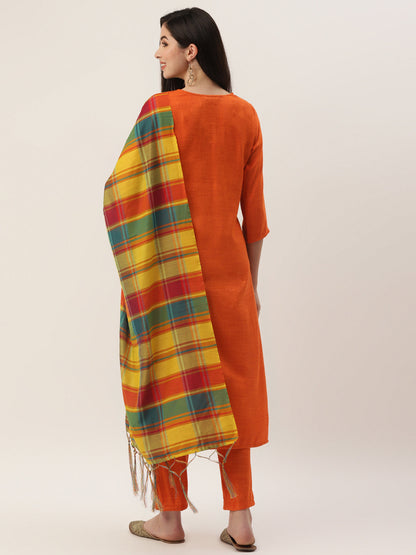 Women's Orange Color Rayon blend Embroidered Straight Kurta Pant With Dupatta