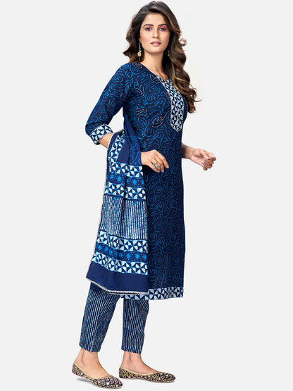Women's Shibori Print & Sequence Straight Cotton Blue Kurta Pant With Dupatta (3Pcs Set)