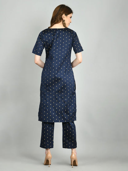 Women's Navy Blue Polyester Printed Half Sleeve Round Neck Casual Kurta Pant Dupatta Set