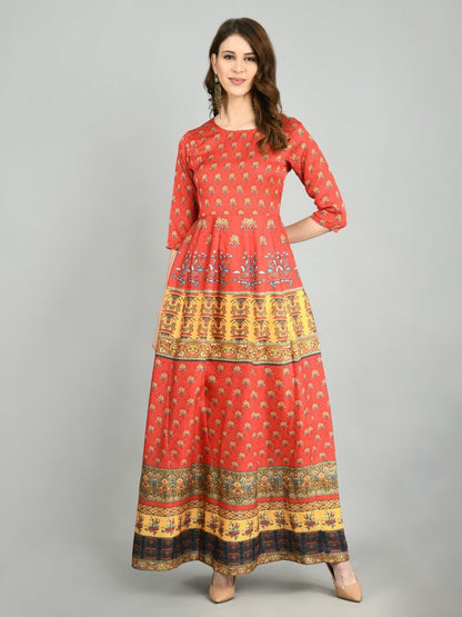 Women Red Cotton Printed Dress by Myshka (