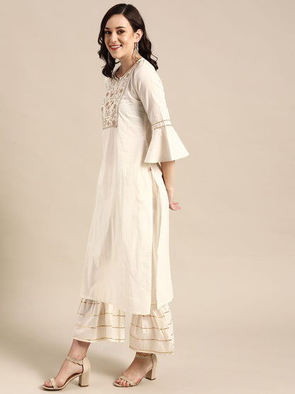 Women's Off-White Embroidered Kurta With Palazzos