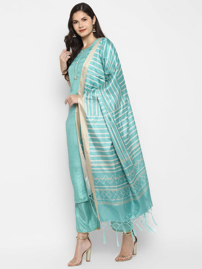 Women's Rama Color Silk Blend Straight Kurta Palazzo With Dupatta