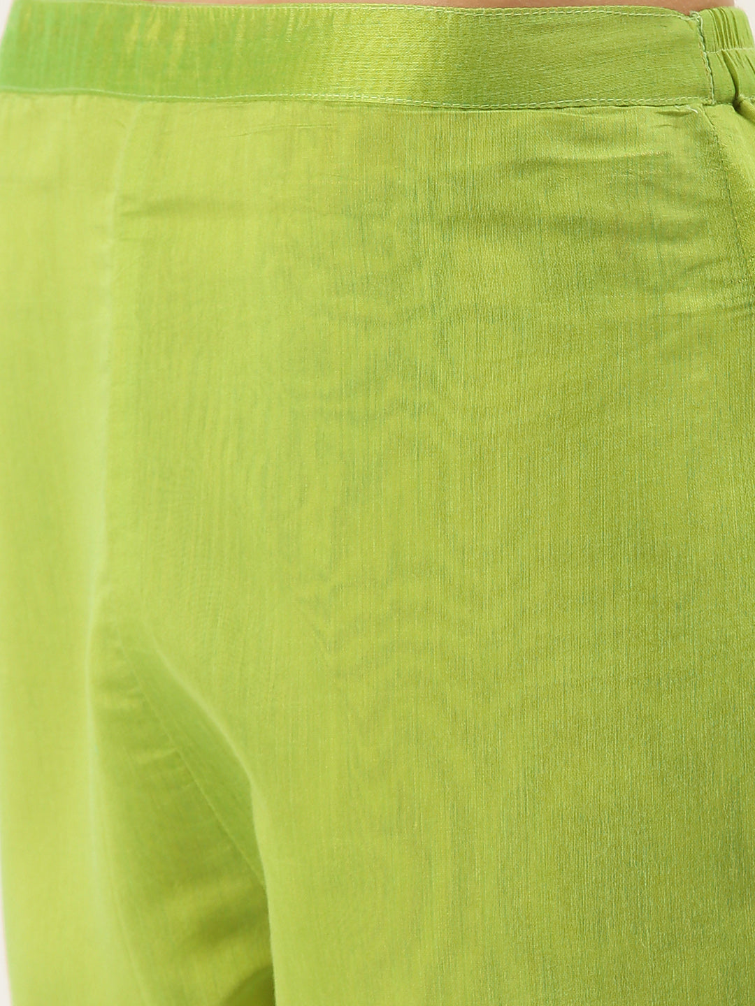 Women's Green Color Chanderi Silk Straight Embroidered Kurta Pant With Dupatta
