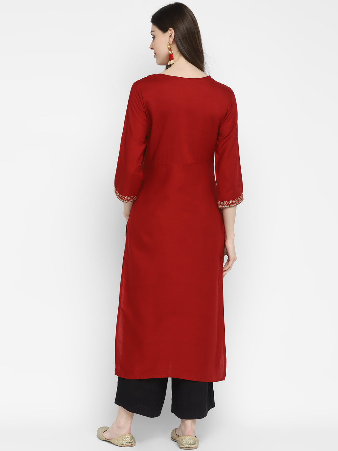 Women's Sequence & Solid Straight Rayon Maroon Kurta  (1Pc)