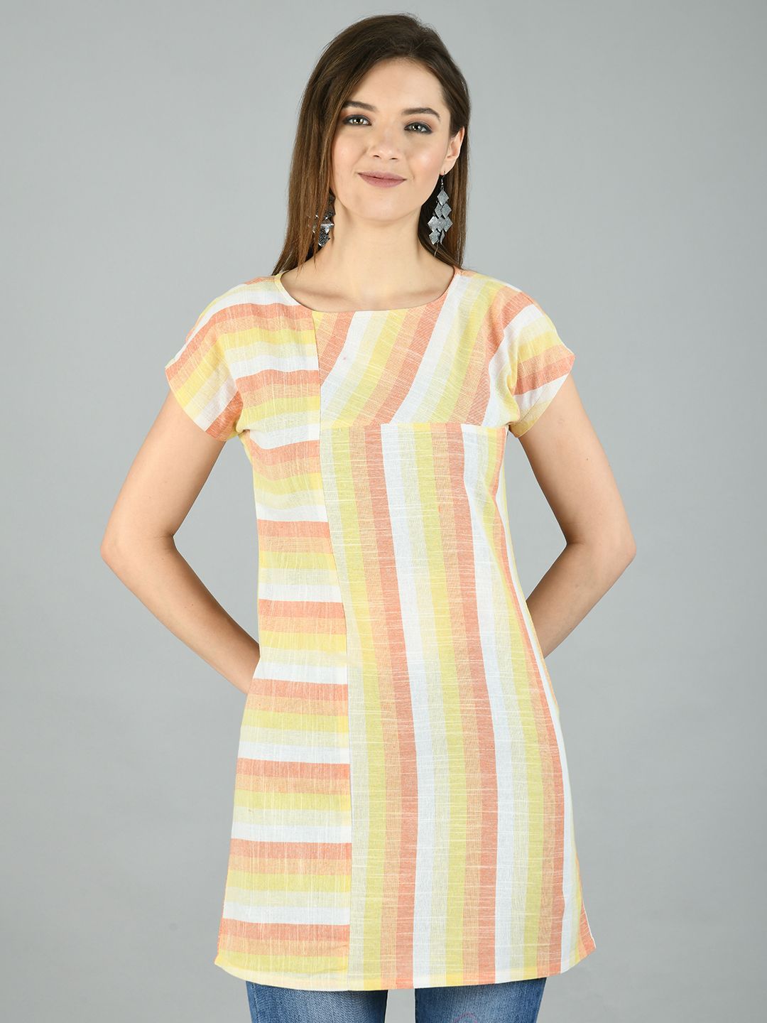 Women's Multi Cotton Printed Short Sleeve Round Neck Casual Top