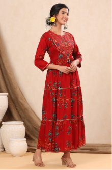 Women's Red Rayon Printed Flared Dress
