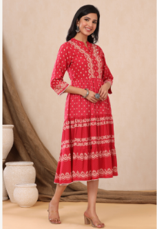 Women's Red Rayon Printed Tiered Dress