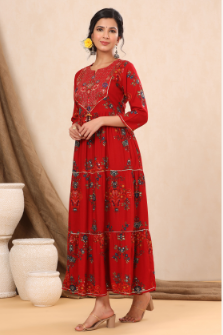 Women's Red Rayon Printed Flared Dress