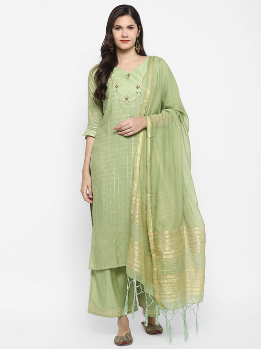 Women's Green Color Chanderi Silk Embroidered Straight Kurta Palazzo With Dupatta