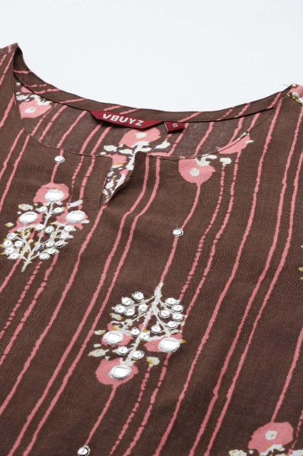 Women's Print & Embroidered Straight Rayon Brown Stitched Kurta Pant With Dupatta