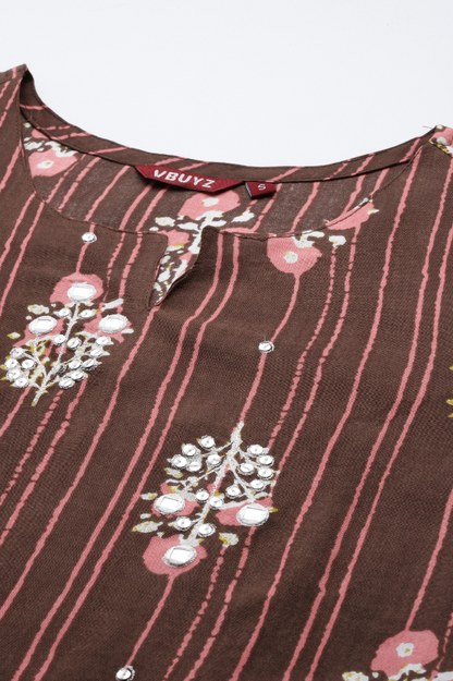 Women's Print & Embroidered Straight Rayon Brown Stitched Kurta Pant With Dupatta