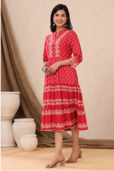 Women's Red Rayon Printed Tiered Dress