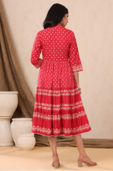 Women's Red Rayon Printed Tiered Dress