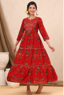 Women's Red Rayon Printed Flared Dress