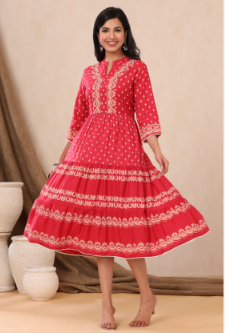 Women's Red Rayon Printed Tiered Dress