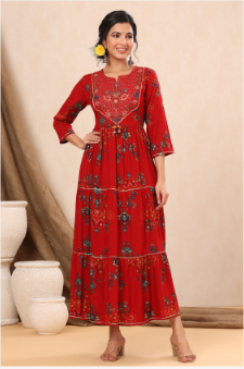 Women's Red Rayon Printed Flared Dress