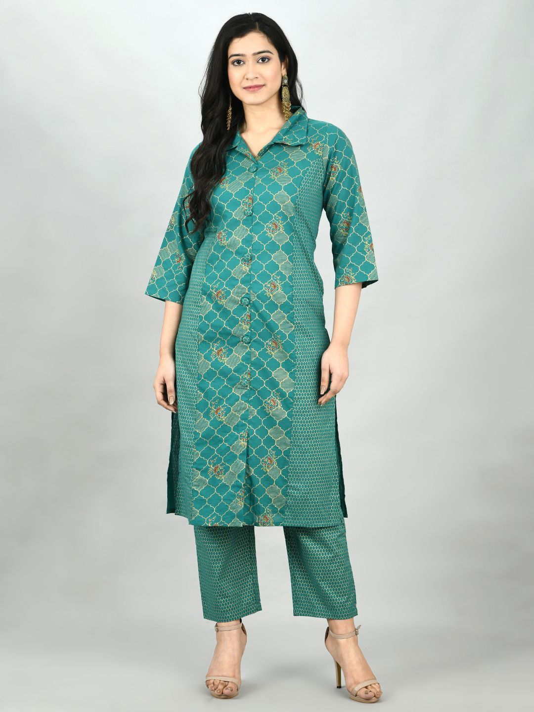 Women's Green Cotton Printed 3/4 Sleeve Shirt Coller Casual Kurta Pant Set